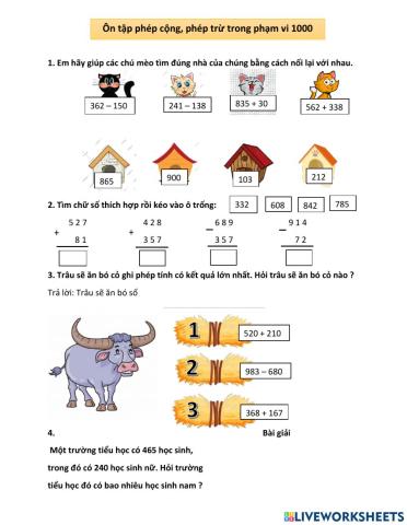 Ôn tập phép cộng, phép trừ trong phạm vi 1000