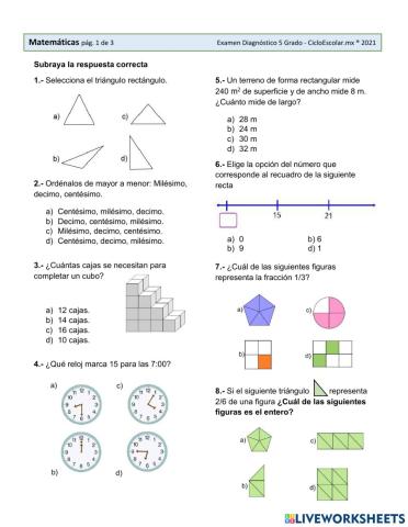 Matematicas - examen diagnostico 5! grado