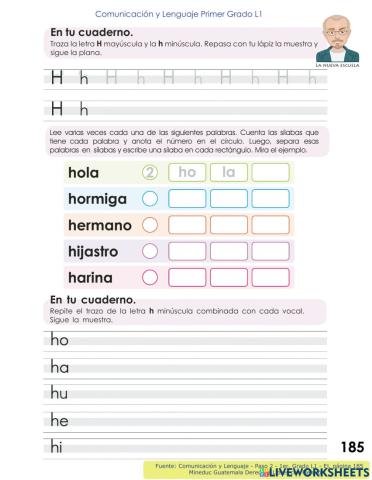 Comunicación y Lenguaje 1 L1 - Paso 2, p 185 - Aprendamos la letra Hh