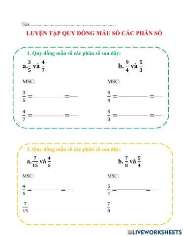 Quy đồng mẫu số các phân số