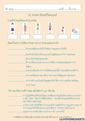 ใบงานสุขศึกษาและพลศึกษา p23 (1.1.2 ธรรมชาติของชีวิต)