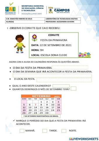 Interpretação de convite e calendário