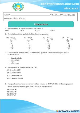 Avaliação de matemática