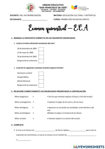 Examen Primer Quimestre - Artística