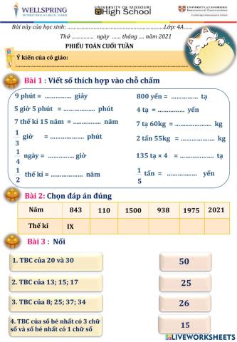 Phiếu Toán cuối tuần