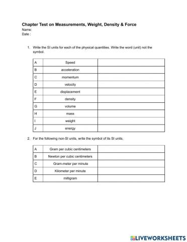 Test on Measurements, Weight, Density and Forces