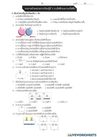 ทบทวนท้ายหน่วยการเรียนรู้ที่ 3 แรงไฟฟ้าและวงจรไฟฟ้า