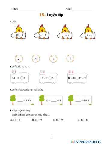 Luyện tập phép trừ cho 8,9