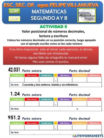 Lectura y escritura de números decimales