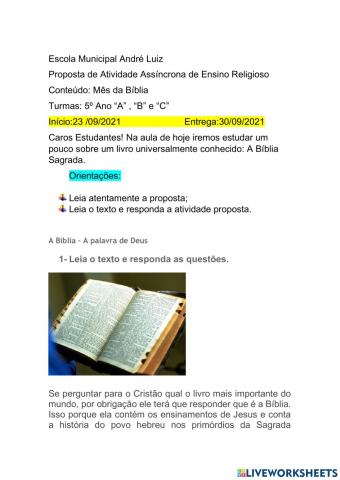 A Bíblia atividade assíncrona de ensino religioso