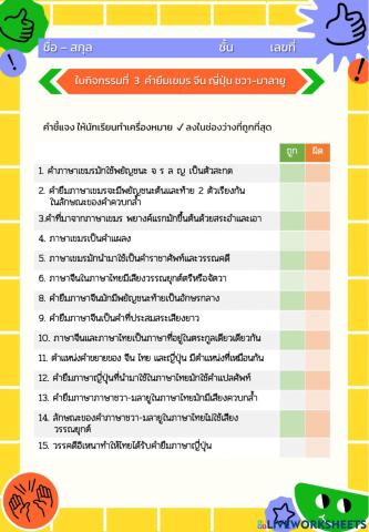 ใบกิจกรรมที่ 2 คำภาษาเขมร จีน ญี่ปุ่น ชวา-มาลายู ในภาษาไทย