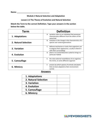 Theory of Evolution and Natural Selection - Vocabulary