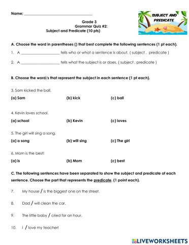 Subject and Predicate Quiz