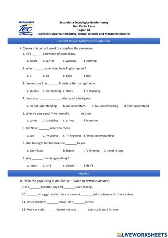 English B1 Partial Exam (First Period)