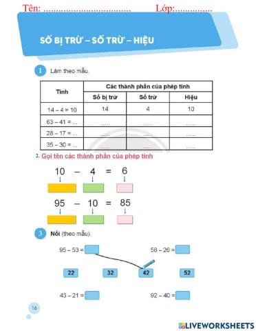 Số bị trừ - Số trừ - Hiệu (T1)