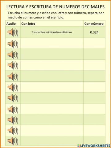 Lectura y escritura de números decimales