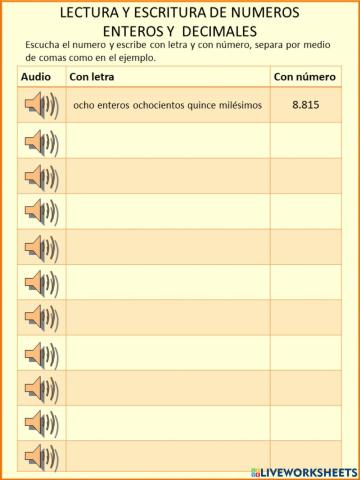 Lectura y escritura de números naturales y decimales