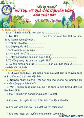 Bài tập chủ đề 2-ĐỊA 10