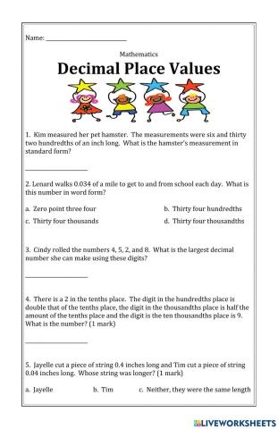 Decimal Place Value Word Problems