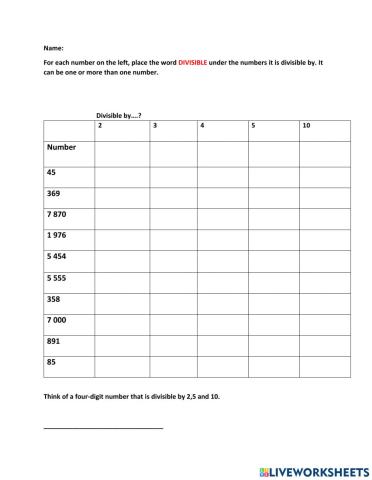 Divisibility Worksheet