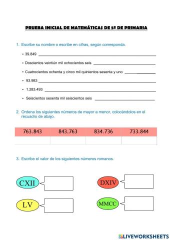 Evaluación inicial 5º de matemáticas