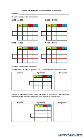 Suma y resta con números de cuatro cifras