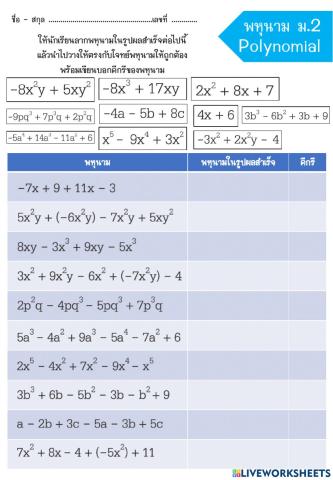 ม.2 - พหุนาม