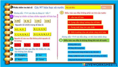 Phiếu bài tập thử nghiệm - các nguyên tố hóa học và nước