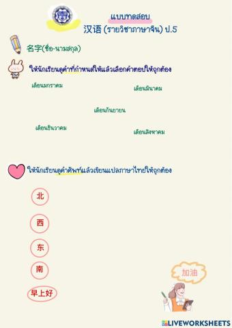 แบบทดสอบภาษาจีน ป.5