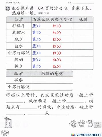 三年级科学活动本第70页（酸与碱）