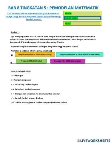 BAB 8: PEMODELAN MATEMATIK TINGKATAN 5