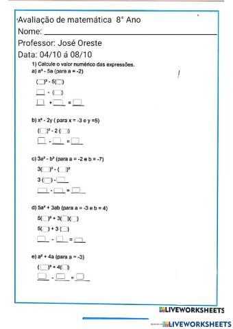 Avaliação 3ºbimestre matemática