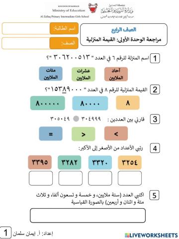 مراجعة الوحدة الأولى - للصف الرابع الإبتدائي