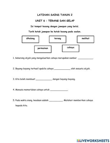 Sains tahun 2 : terang dan gelap