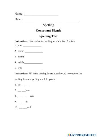 Consonant Blends Spelling Tes