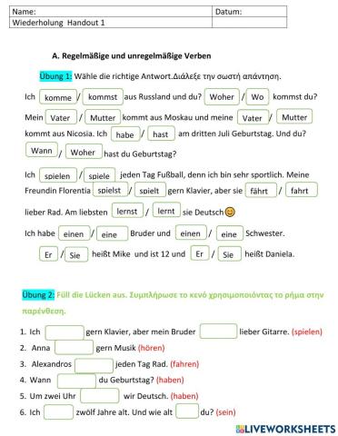 Handout 1 A1-A2  Zeit, Perfekt