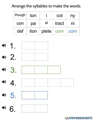 Year 1, Words 1-6 Syllabication