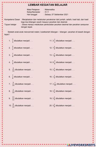 Lembar latihan pembulatan pecahan biasa dan campuran