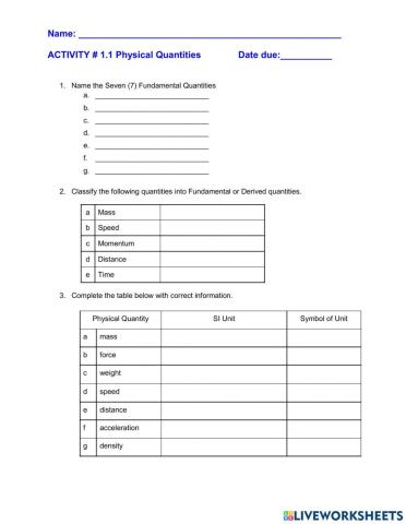 Activity 1.1 Physical Quantities