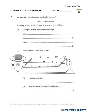 Activity 2.1 Mass and Weight