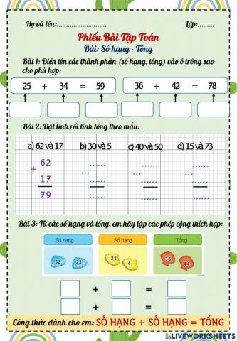 Ôn tập Toán 2 - Số hạng - Tổng và Số bị trừ - Số trừ - Hiệu