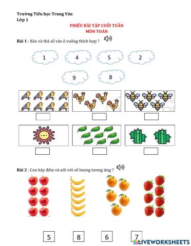 Phiếu Bài tập cuối tuần môn Toán lớp 1 - Tuần 2