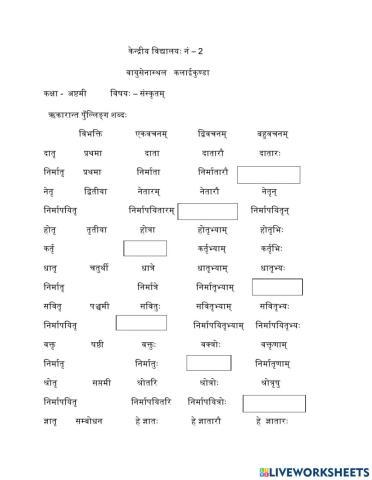 ऋकारान्त पुँल्लिङ्ग शब्द वर्कसीट