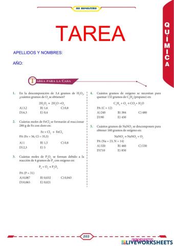 Tarea de estequiometría