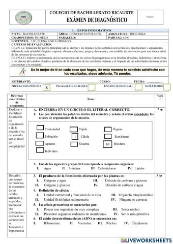 Prueba diagnóstico Biología uno