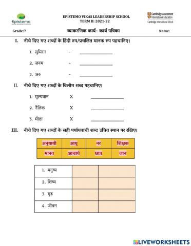 पाठ-8 जीवन सत्य-व्याकरणिक कार्य- कार्य पत्रिका