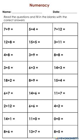 Addition and Subtraction (up to 20)