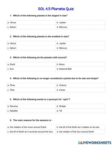 SOL 4.5 Planets Quiz