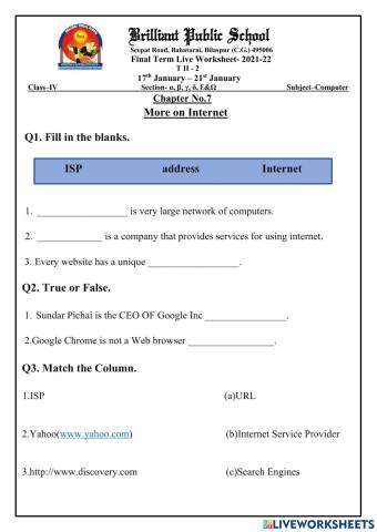 Class 4 T(II) ch-07(I) Live worksheet(17-21 Jan)