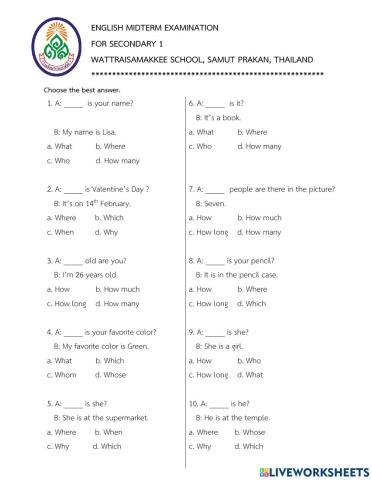 English midterm exam for secondary1